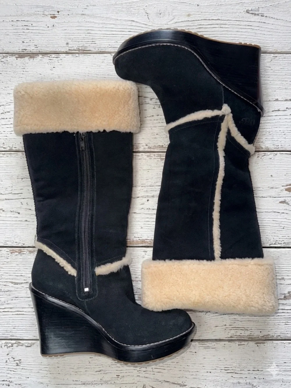 UGG Australia Aubrie Suede Shearling Wedge Knee High Boots Black Size 9.5